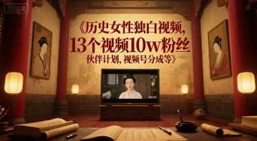 历史女性独白视频，13个视频10w粉丝，伙伴计划，视频号分成等 - 网创副业项目网-网创副业项目网