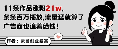 11条作品涨粉21W，条条百W播放，流量猛就算了，广告商也追着给钱 - 网创副业项目网-网创副业项目网