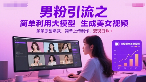 男粉引流之简单利用大模型生成美女视频，条条原创爆款，简单上传制作，变现日1k+ - 网创副业项目网-网创副业项目网