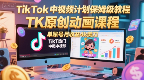 TikTok中视频计划保姆级教程，TK原创动画课程，单账号月收益4k美刀 - 网创副业项目网-网创副业项目网