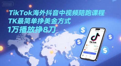 TikTok海外抖音中视频陪跑课程，TK最简单挣美金方式，1万播放挣8刀 - 网创副业项目网-网创副业项目网